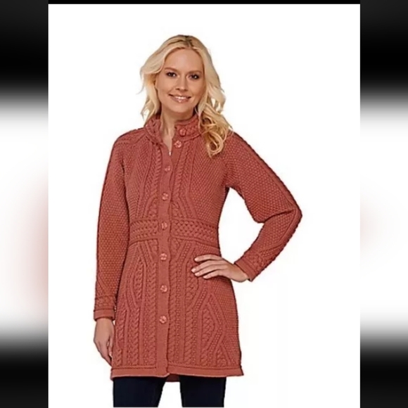 Aran Craft Antique Rose Pink Merino Wool Long Cardigan New Ireland Irish - Picture 1 of 5